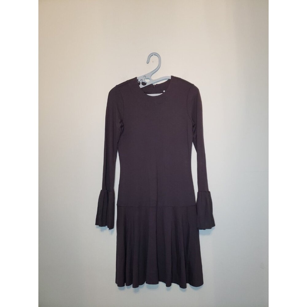 NSR Women S Mini Dress Dark Gray Ruffle Long Sleeve Zip Back Stretchy Round Neck